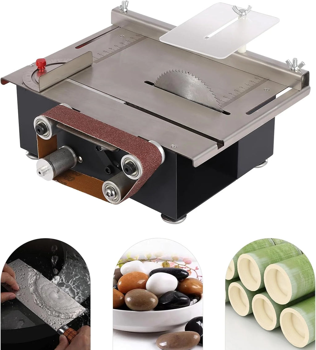Mini piła stołowa 200 W, 7-biegowa, nachylona 0-90°, 4 brzeszczoty do drewna, tworzywa sztucznego, głębokość cięcia 33 mm, 10 taśm szlifierskich, szlifierek taśmowych, wielofunkcyjna piła stołowa do