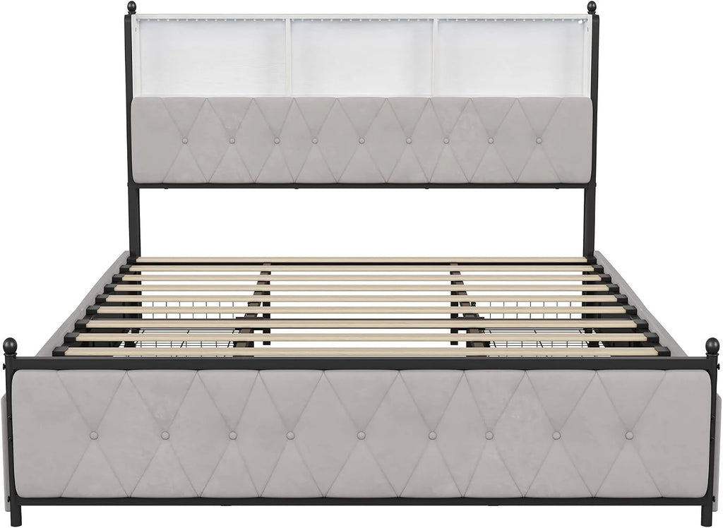 Podwójne łóżko tapicerowane 180 x 200 cm z 4 szufladami, łóżko bagażowe z ładowaniem USB i oświetleniem LED, rama łóżka, zagłówek z miejscem do przechowywania, łóżko dla dorosłych, aksamit
