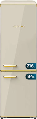 Cecotec Lodówka Combi 2 Drzwi Retro 300 L Bolero CoolMarket Combi Origin 300 Beżowy E. Wysokość 191,5 cm i 60 szerokości, regulacja temperatury, chromowany uchwyt i szklane tace, beżowy