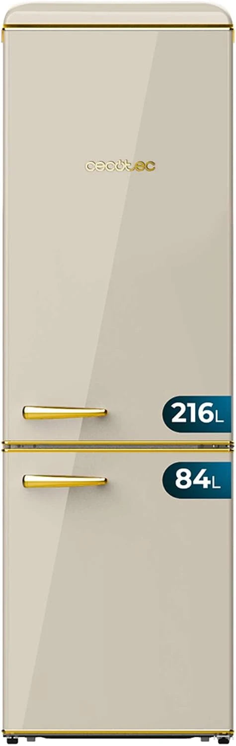 Cecotec Lodówka Combi 2 Drzwi Retro 300 L Bolero CoolMarket Combi Origin 300 Beżowy E. Wysokość 191,5 cm i 60 szerokości, regulacja temperatury, chromowany uchwyt i szklane tace, beżowy