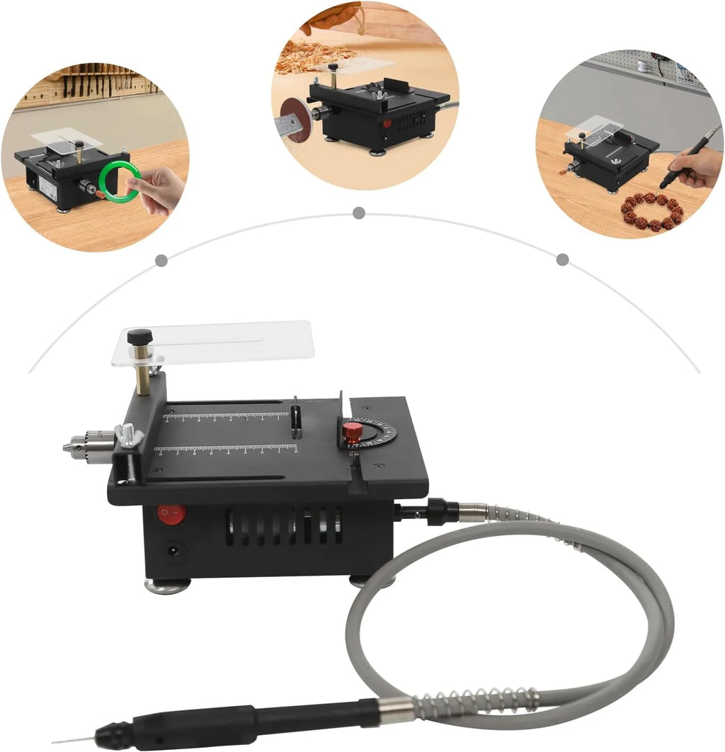 Mini stołowa pilarka tarczowa, 100 W, elektryczna piła stołowa, 7-biegowy zasilacz sieciowy, regulowany, precyzyjny, do cięcia, szlifowania, grawerowania i wiercenia