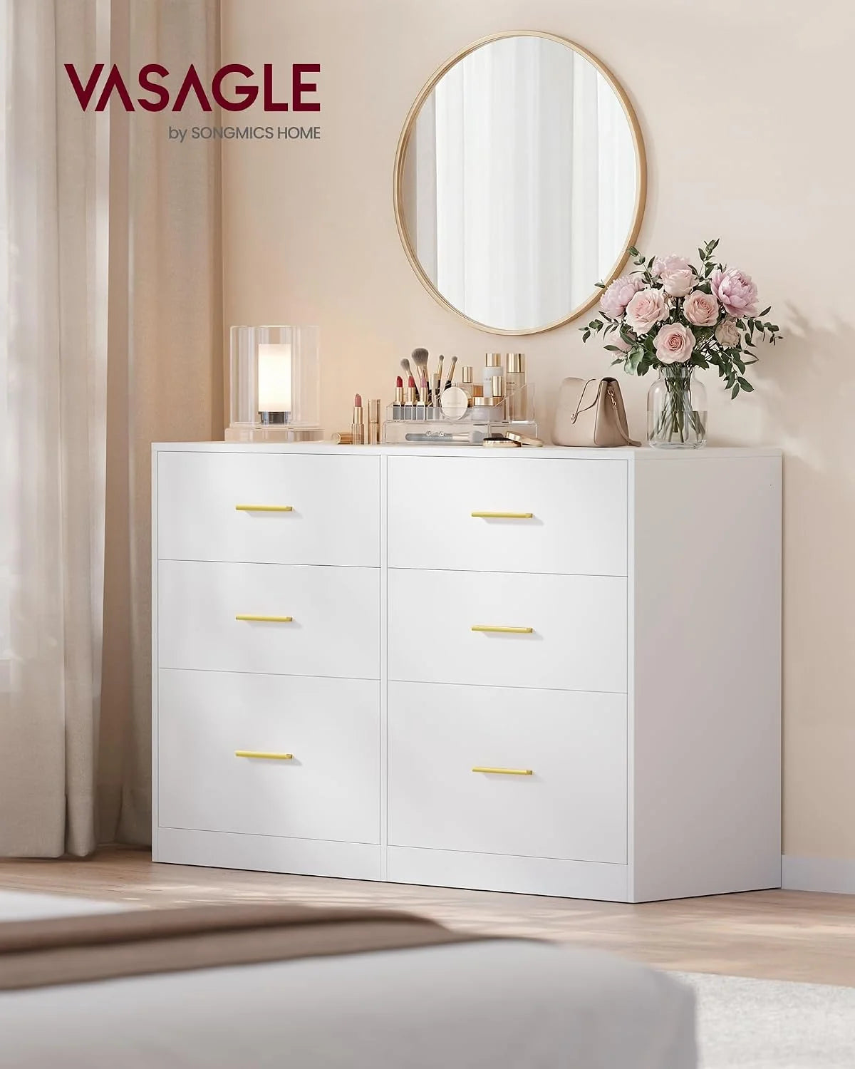 VASAGLE Kolekcja Custos - komoda, szafka na komodę, nowoczesna, kredens, szafka do przechowywania, do salonu, sypialni, 6 szuflad, 40 x 119 x 78 cm, biała chmurka LTS416WB01