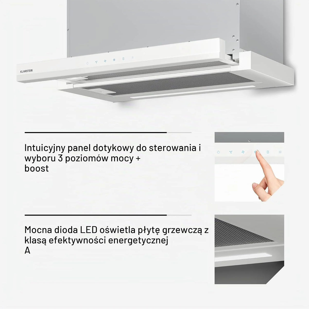 Klarstein Okap kuchenny, Velaire 60cm, podblatowy, rozsuwanyy, 896 m³/h boost, dotykowy, klasa energetyczna A++, LED, cichy, aluminiowy i z filtrem z węglem aktywnym, podblatowy kuchnia, biały