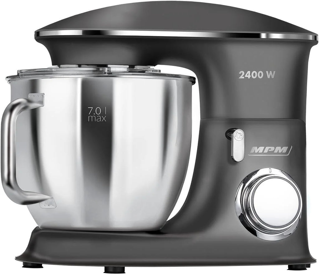 MPM Planetarny robot kuchenny MRK-23 – wielofunkcyjny mikser kuchenny 7 l – urządzenia kuchenne o wszechstronnym zastosowaniu, 2400 W, dwie miski, trzy wymienne trzepaczki