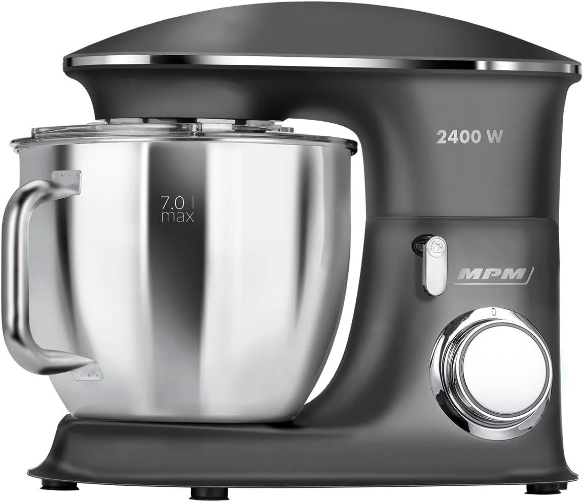 MPM Planetarny robot kuchenny MRK-23 – wielofunkcyjny mikser kuchenny 7 l – urządzenia kuchenne o wszechstronnym zastosowaniu, 2400 W, dwie miski, trzy wymienne trzepaczki