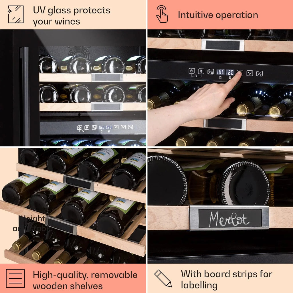 Klarstein Chłodziarka do wina do zabudowy, 2 strefy, Mała lodówka na napoje, Mała szafa na wino 85L, Chłodziarka ze szklanymi drzwiami, Lodówka na butelki Indoor/Outdoor, Wine Fridge 36 butelek