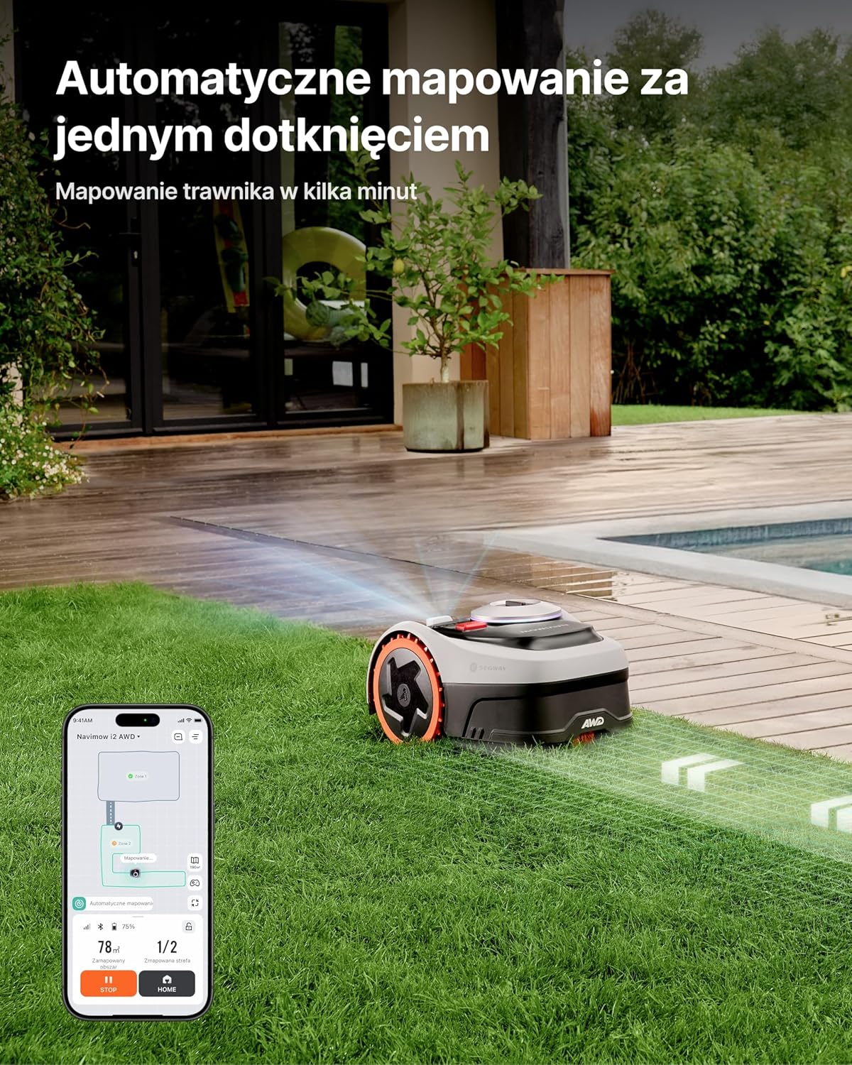Segway Navimow i205 AWD Robot koszący, napęd na wszystkie koła umożliwiający koszenie na zboczu o nachyleniu do 45%, EFLS NRTK + Vision, automatyczne mapowanie, bez konieczności użycia anteny RTK