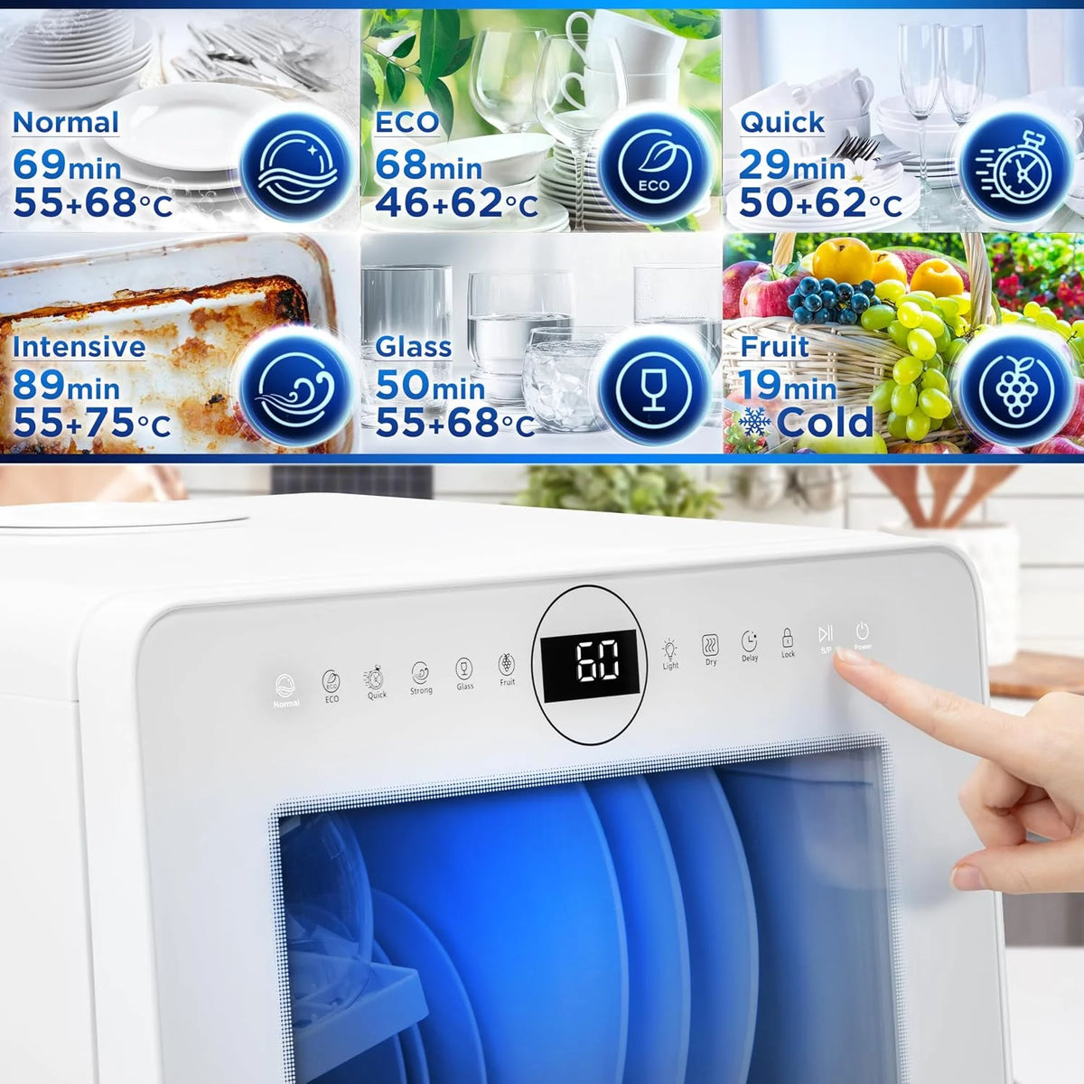 Duronic DW5 WE Zmywarka nablatowa z lub bez przyłącza wody 950W przenośna kompaktowa 5l /cykl do naczyń szkła owoców mała zmywarka stołowa biała