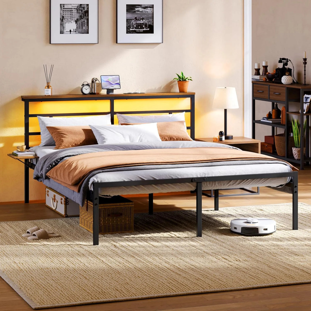 Yaheetech Rama łóżka 160 × 200 cm z metalowym stelażem, łóżko 2-osobowe z oświetleniem LED i stacją ładującą (2 AC, 2 USB), podwójne łóżko z półką do przechowywania, pojemność 400 kg