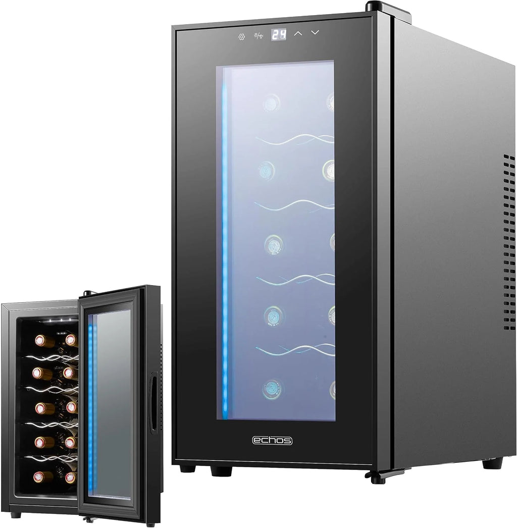 Echos Lodówka na wino, na 10 butelek, 28 l, oświetlenie LED, chłodziarka do wina, mini lodówka na wino, mini bar ze szklanymi drzwiczkami