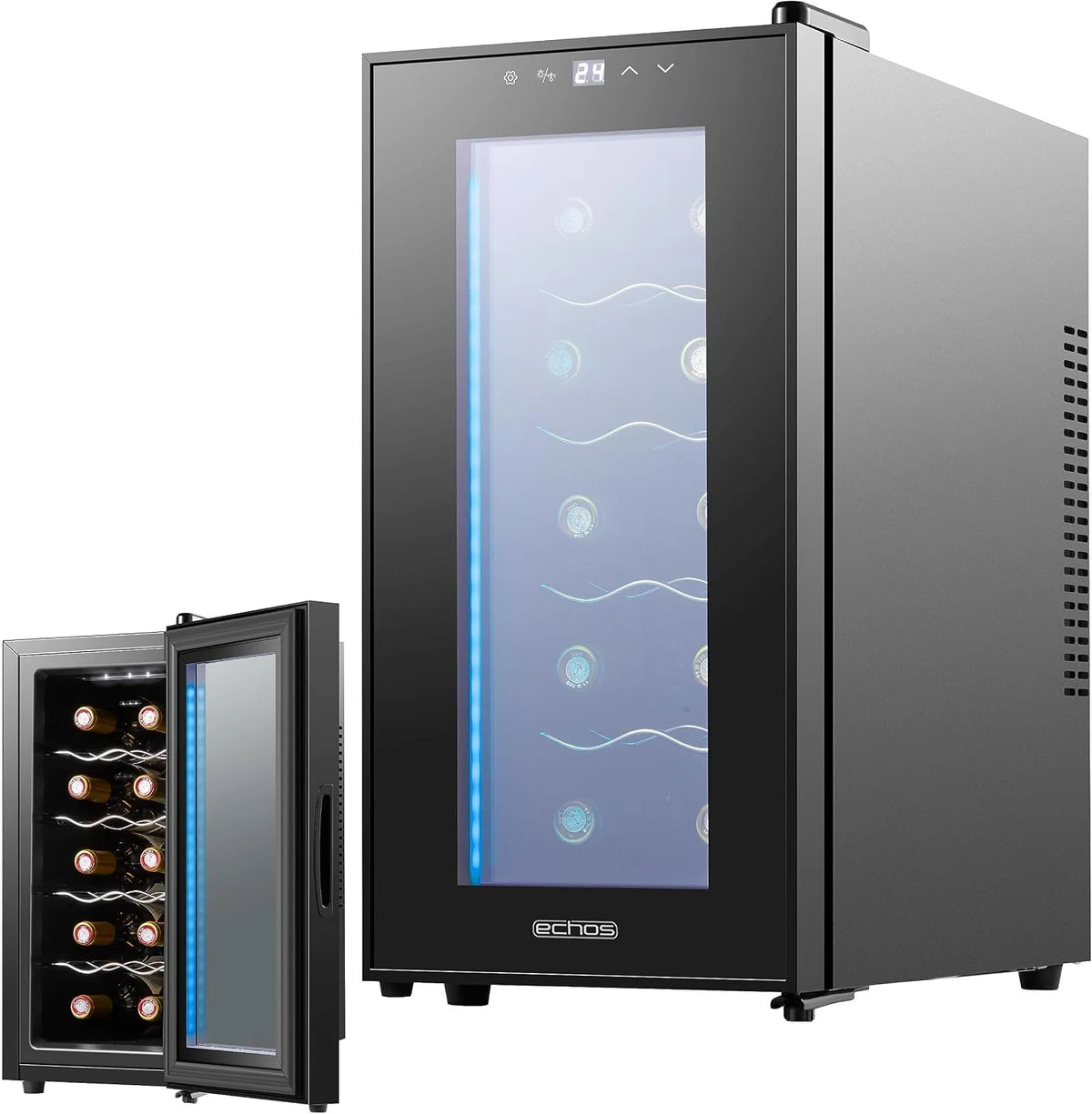 Echos Lodówka na wino, na 10 butelek, 28 l, oświetlenie LED, chłodziarka do wina, mini lodówka na wino, mini bar ze szklanymi drzwiczkami