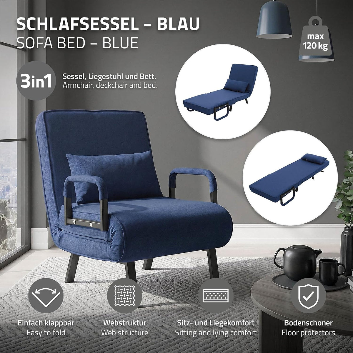 ML-Design Fotel Rozkladany 3 w 1 z Funkcja Spania, Skladany z Regulowanym Oparciem, Rozkladana Sofa dla Gosci, Lózko Jednoosobowe, Stelaz Stalowy, Miekka Tkanina Chenille, Wygodny do Salonu, Niebieski