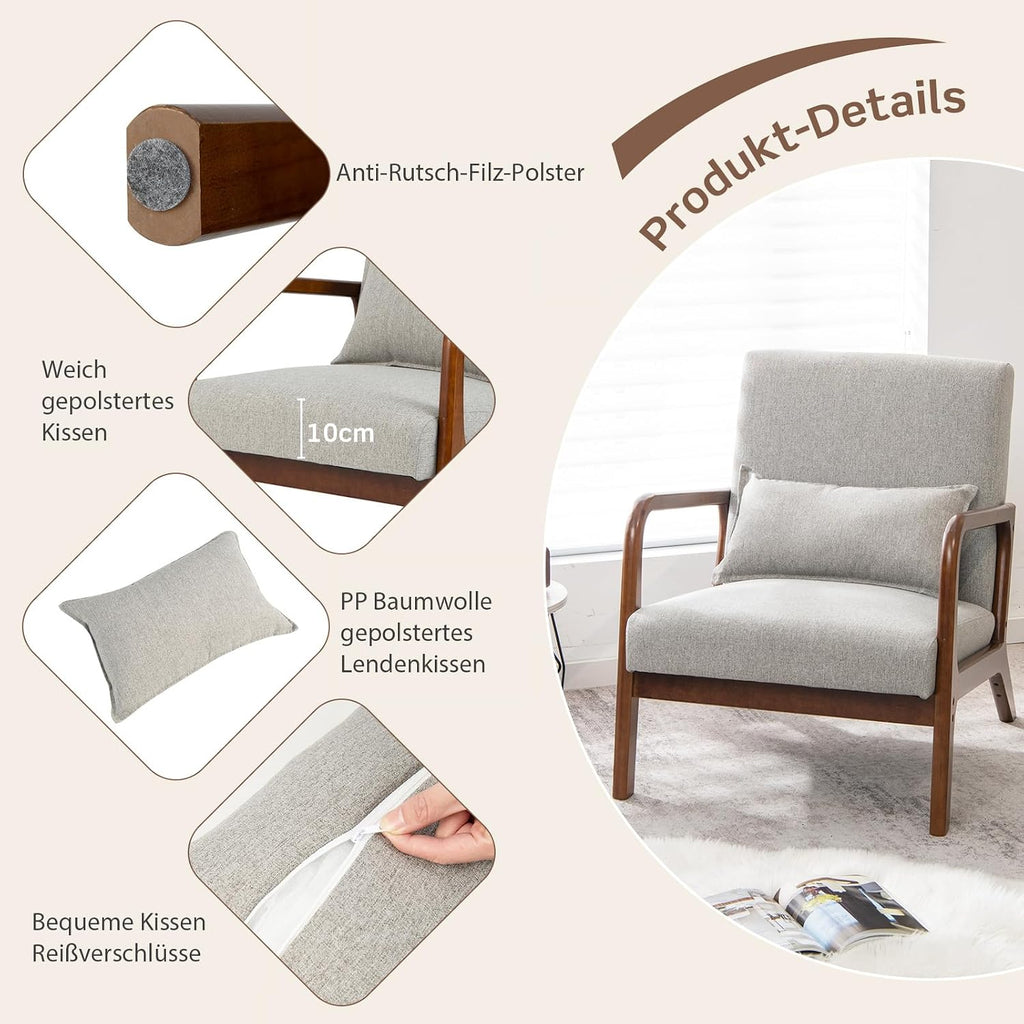 COSTWAY Fotel do salonu, tapicerowany, nowoczesne krzesło, drewno, z podłokietnikami, jednoosobowa sofa do salonu, sypialni, 65 x 79 x 77 cm, szary