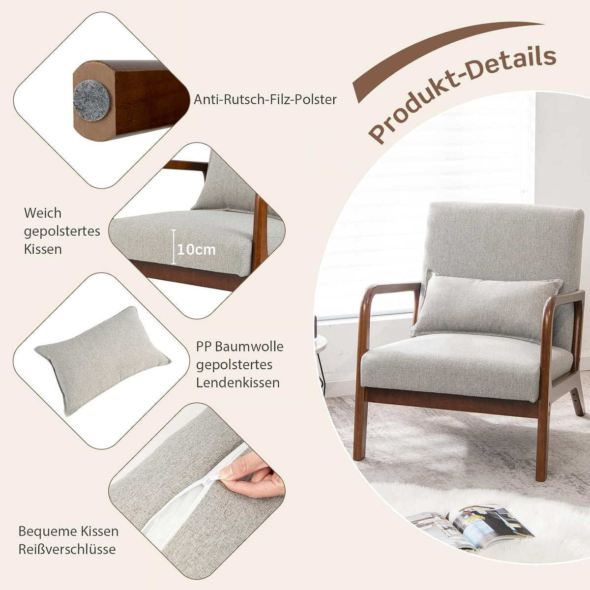 COSTWAY Fotel do salonu, tapicerowany, nowoczesne krzesło, drewno, z podłokietnikami, jednoosobowa sofa do salonu, sypialni, 65 x 79 x 77 cm, szary