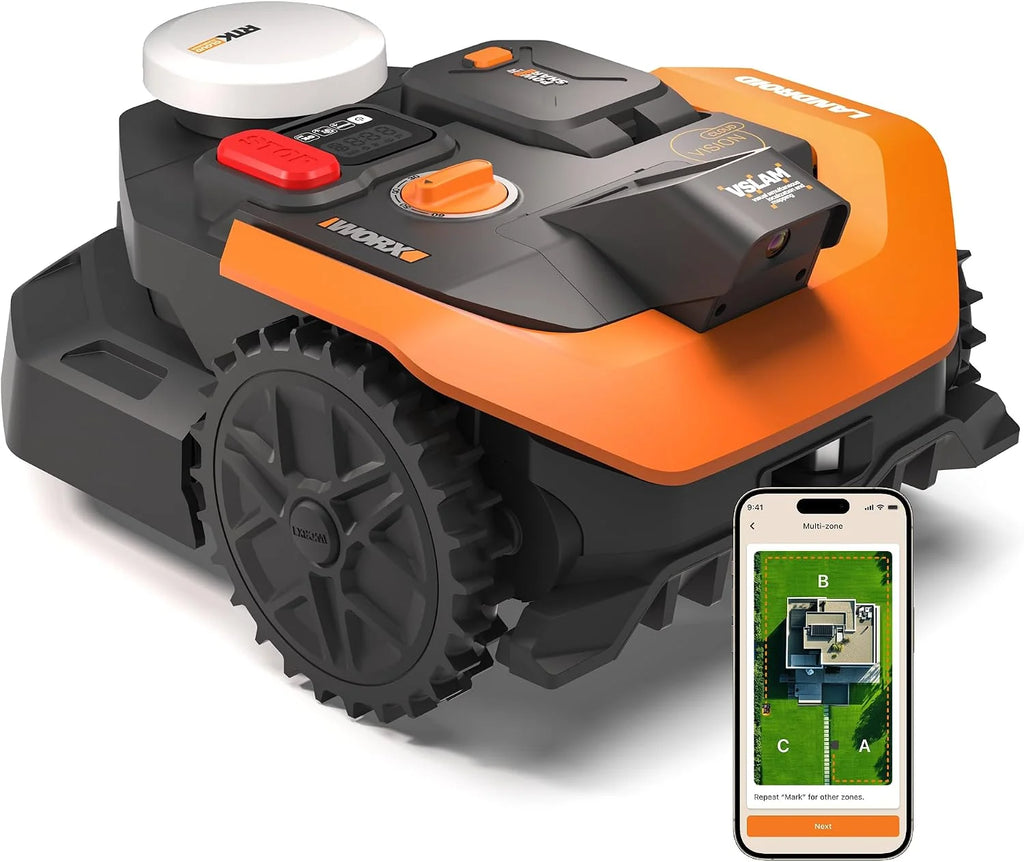 WORX Landroid Vision Cloud WR305E 2WD robot koszący bez kabla ograniczającego do 500 m² (wykrywanie przeszkód AI, nawigacja VSLAM+ RTK Cloud, automatyczne mapowanie, sterowanie za pomocą aplikacji)