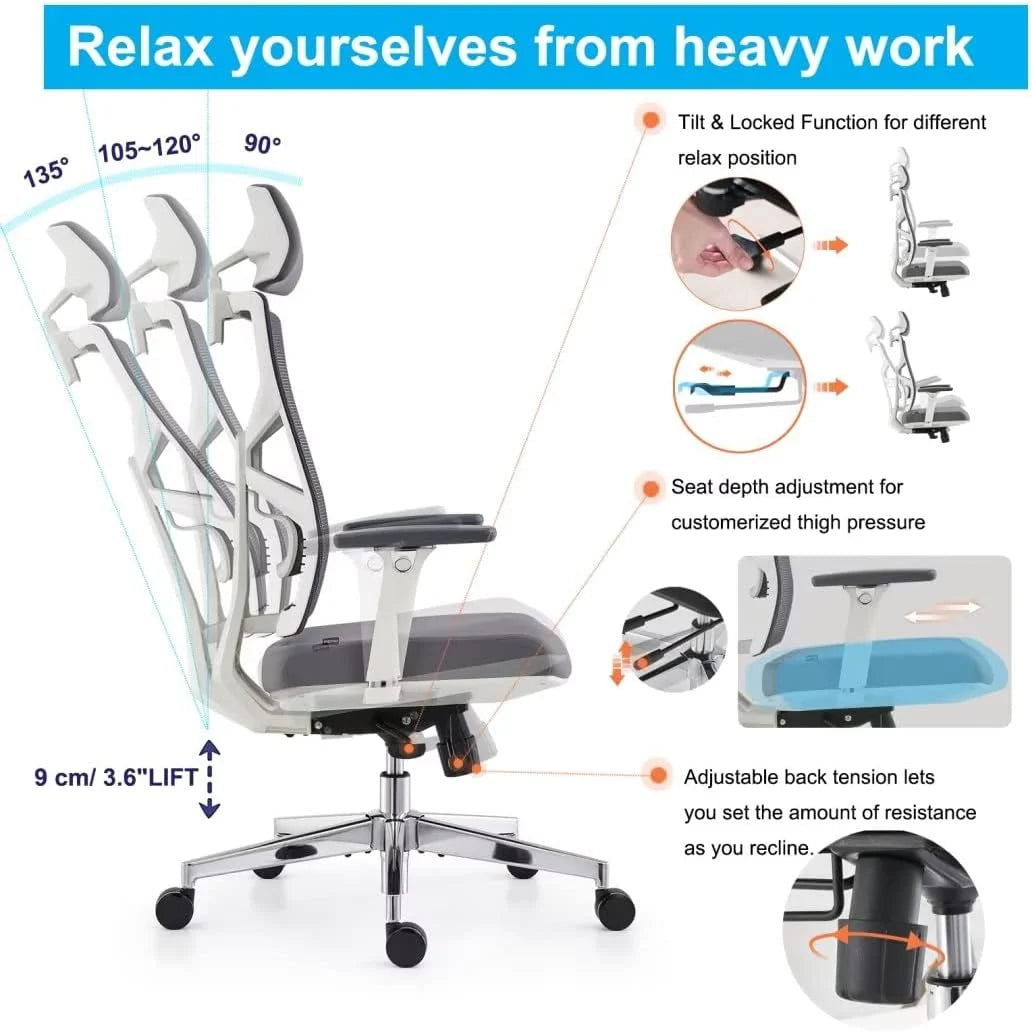 HOLLUDLE Ergonomiczne krzesło biurowe z adaptacyjnym oparciem, wysokie krzesło komputerowe z 4D podłokietnikami, regulowana głębokość siedziska, podparcie lędźwiowe i 2D zagłówek, obrotowe krzesło