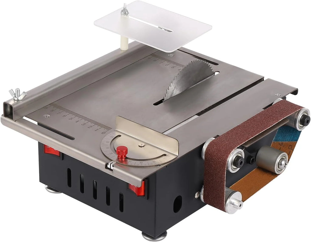 Mini piła stołowa 200 W, 7-biegowa, nachylona 0-90°, 4 brzeszczoty do drewna, tworzywa sztucznego, głębokość cięcia 33 mm, 10 taśm szlifierskich, szlifierek taśmowych, wielofunkcyjna piła stołowa do
