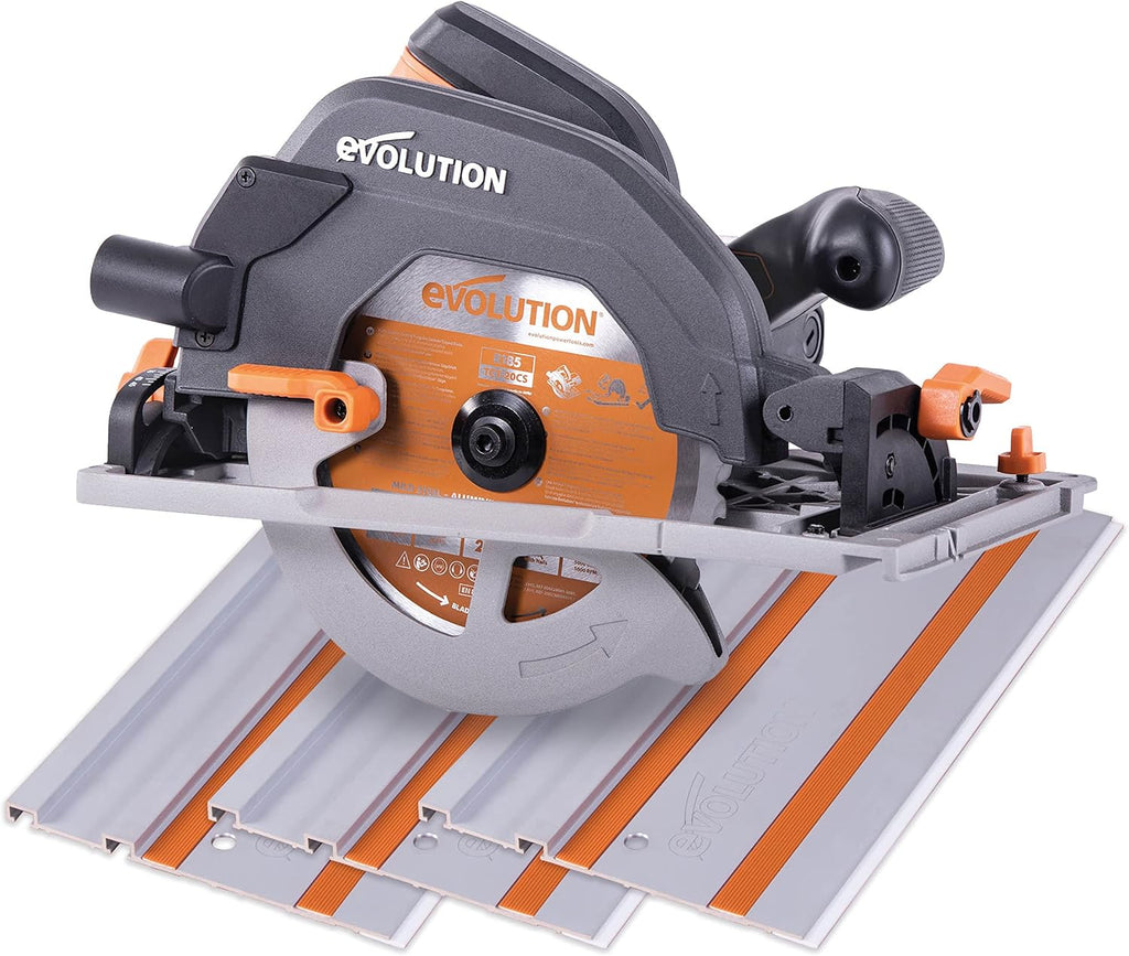 Evolution Power Tools R185CCSX Piła tarczowa i prowadnica do różnych materiałów, tnie drewno, drewno z gwoździami metal stal aluminium plastik, opcja odchylenia, w zestawie prowadnica 1020 mm, 185 mm