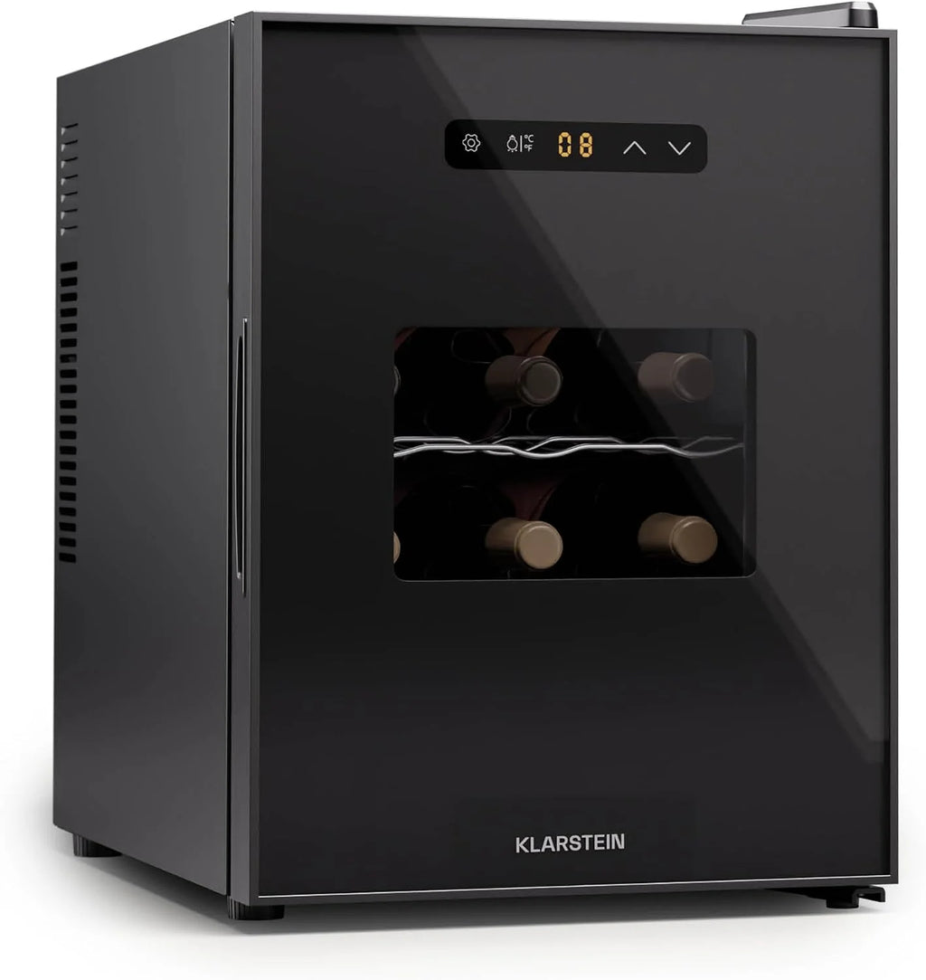 Klarstein Wolnostojąca lodówka na wino 1 strefa, mała lodówka na napoje, mała szafka na wino, mała chłodziarka do wina ze szklanymi drzwiami, lodówka na butelki do użytku wewnętrznego/zewnętrznego