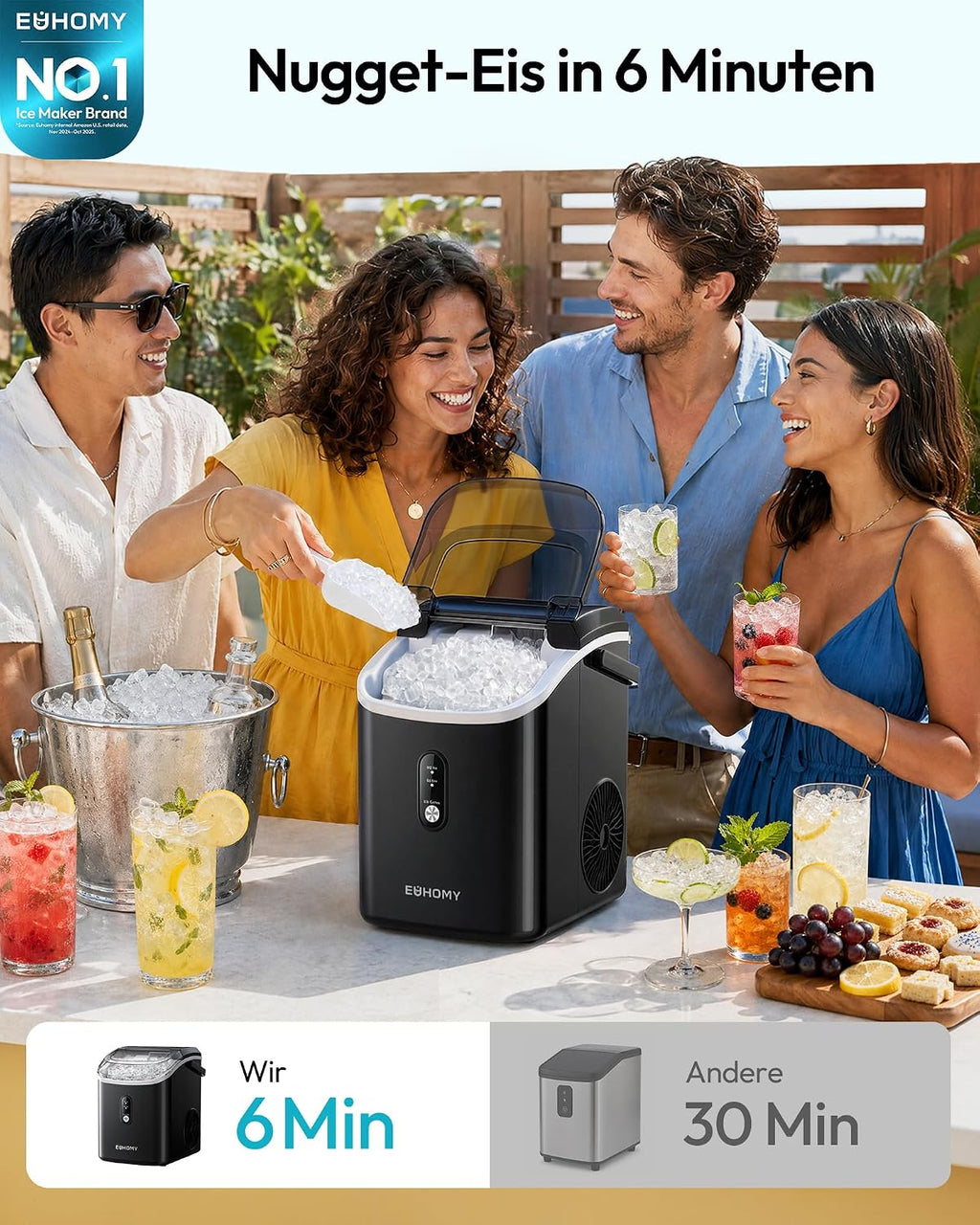 EUHOMY Kostkarka do lodu, 15 kg/24 h, produkcja w 6 minut, maszyna do robienia lodów, automatyczne czyszczenie, 120 W, czujnik podczerwieni, energooszczędna, czarna