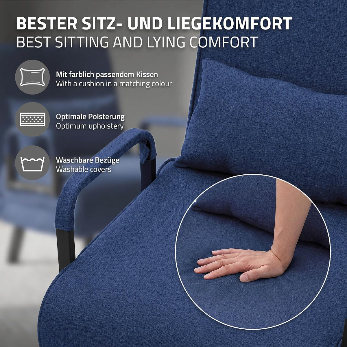 ML-Design Fotel Rozkladany 3 w 1 z Funkcja Spania, Skladany z Regulowanym Oparciem, Rozkladana Sofa dla Gosci, Lózko Jednoosobowe, Stelaz Stalowy, Miekka Tkanina Chenille, Wygodny do Salonu, Niebieski