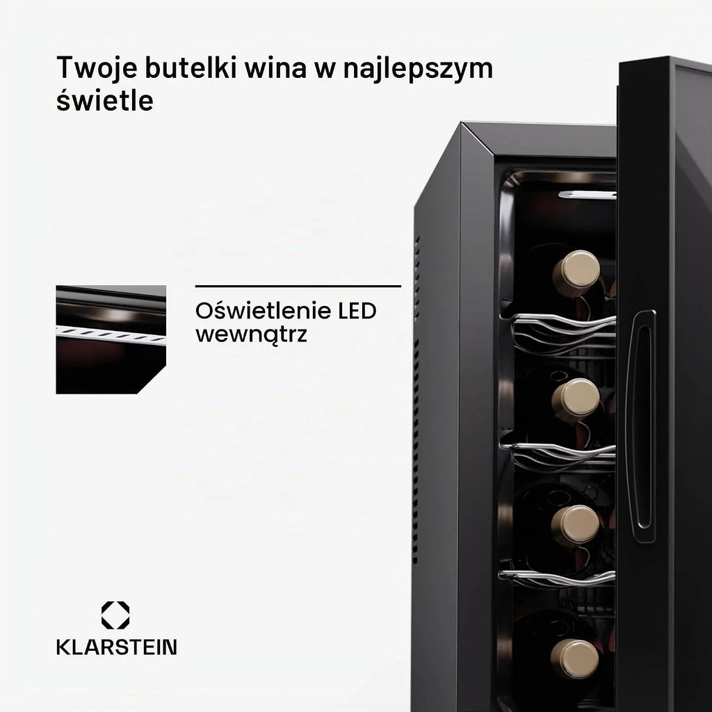 Klarstein Wolnostojąca lodówka na wino 1 strefa, mała lodówka na napoje, mała szafka na wino, mała chłodziarka do wina ze szklanymi drzwiami, lodówka na butelki do użytku wewnętrznego/zewnętrznego