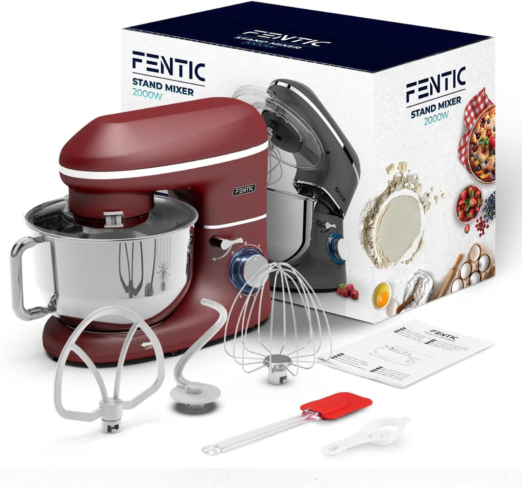 Robot kuchenny - 2000 W - miska do mieszania ze stali nierdzewnej (6,2 l) - mikser kuchenny z mieszania, hakiem do zagniatania, trzepaczką i ochroną przed pryskaniem - w zestawie