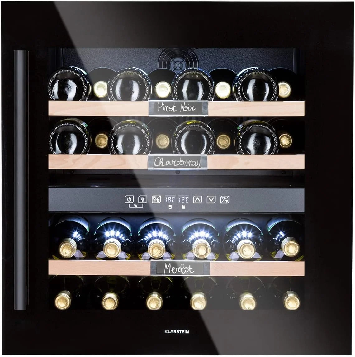 Klarstein Chłodziarka do wina do zabudowy, 2 strefy, Mała lodówka na napoje, Mała szafa na wino 85L, Chłodziarka ze szklanymi drzwiami, Lodówka na butelki Indoor/Outdoor, Wine Fridge 36 butelek