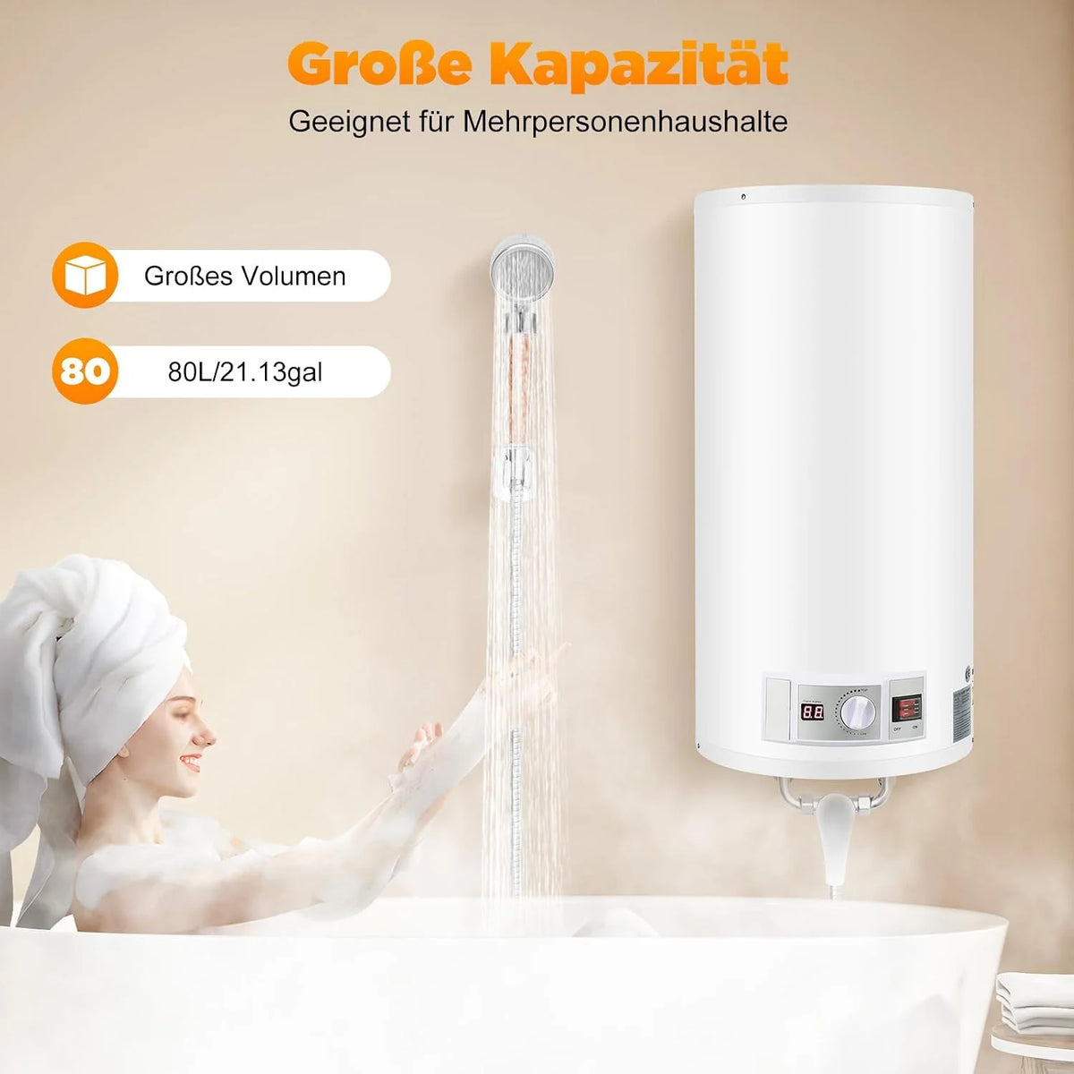 Elektryczny podgrzewacz wody, 80 l, elektryczny podgrzewacz wody, elektryczny podgrzewacz wody, wiszący na ścianie, bojler, podgrzewacz wody, urządzenie do podgrzewania wody z słuchawką prysznicową