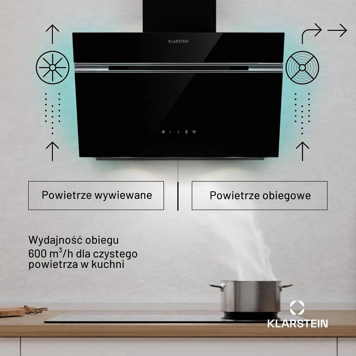 Klarstein Alina Okap kuchenny skośny – 60 cm, przepływ 600 m³/h, panel dotykowy, podświetlenie LED, cichy 68 dB, klasa energetyczna A, czarny, tryb wyciągu i recyrkulacji