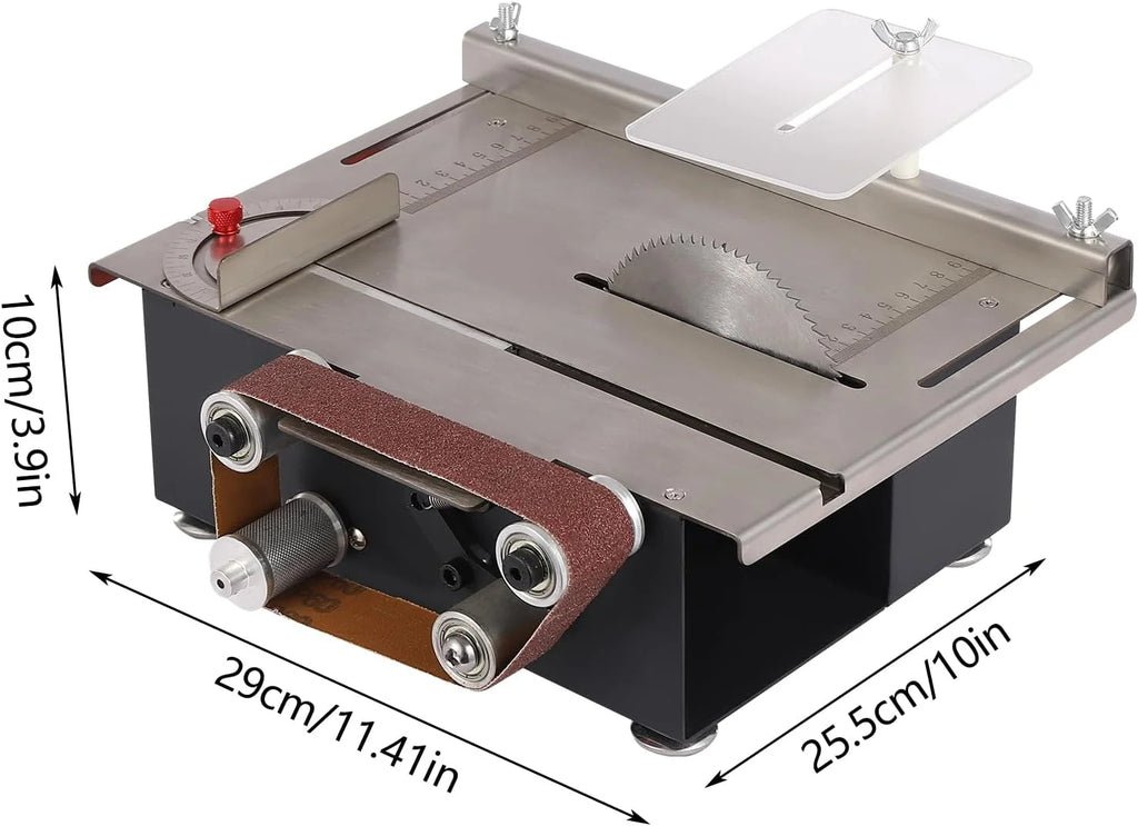 Mini piła stołowa 200 W, 7-biegowa, nachylona 0-90°, 4 brzeszczoty do drewna, tworzywa sztucznego, głębokość cięcia 33 mm, 10 taśm szlifierskich, szlifierek taśmowych, wielofunkcyjna piła stołowa do