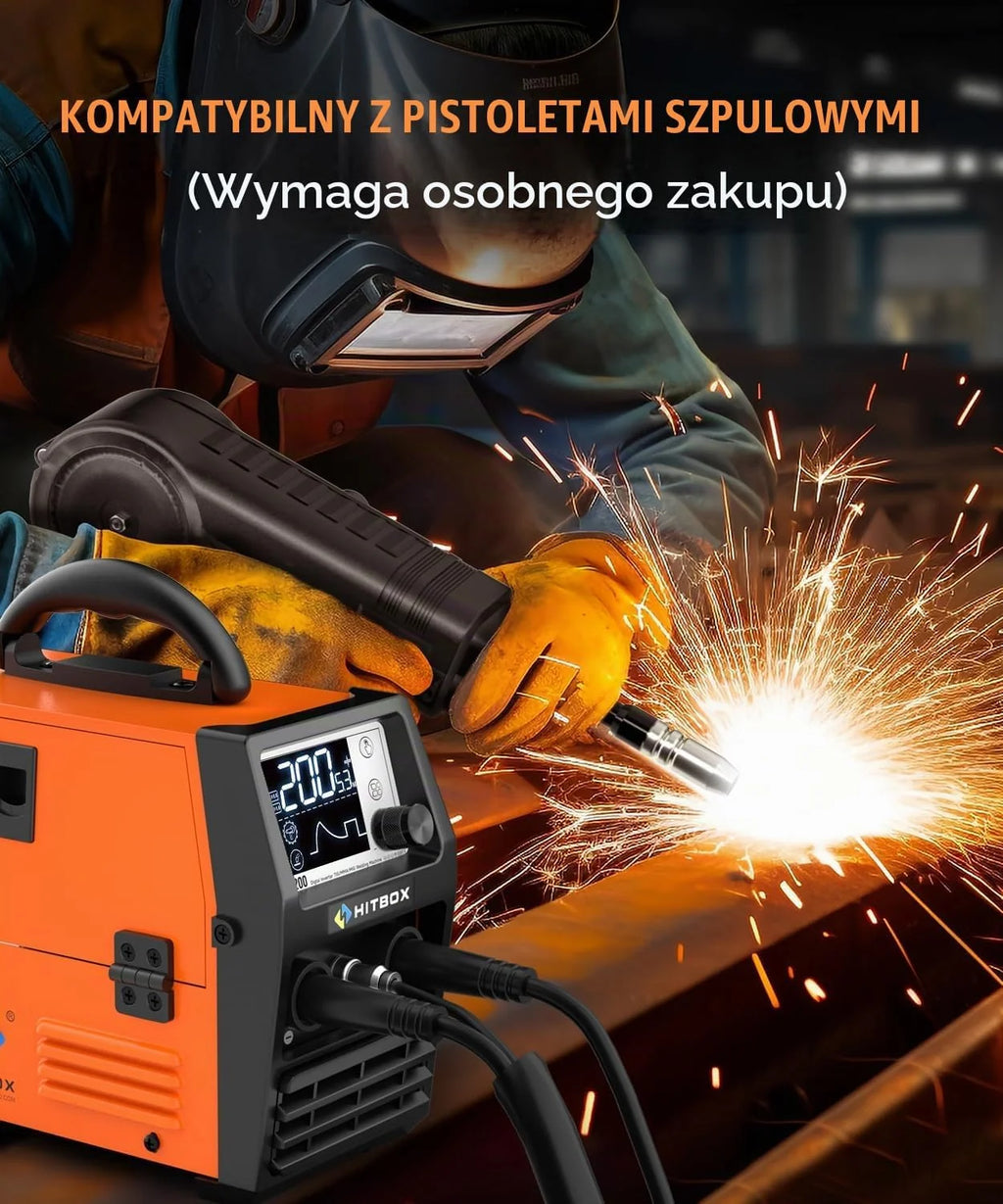 HITBOX Spawarka Bezgazowa 200A 4‑w‑1 MIG/ARC/MMA/Lift WIG, 230V