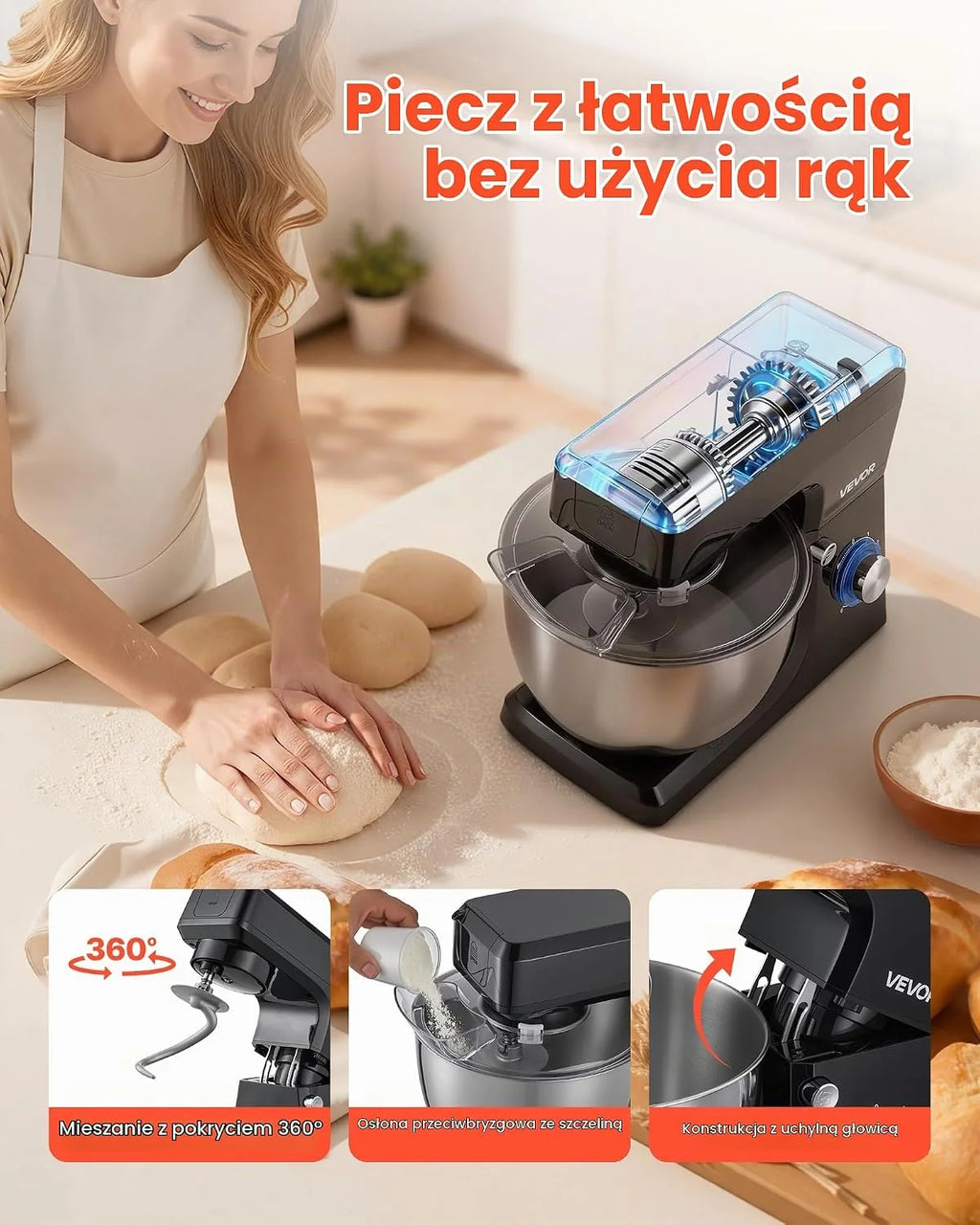 VEVOR Wielofunkcyjny robot kuchenny elektryczny 1500 W, z miską ze stali nierdzewnej (7,8 l) i kubkiem do miksowania (1,5 l), ugniatarką, mikserem do ciasta z prędkością 6+p, hakiem do zagniatania