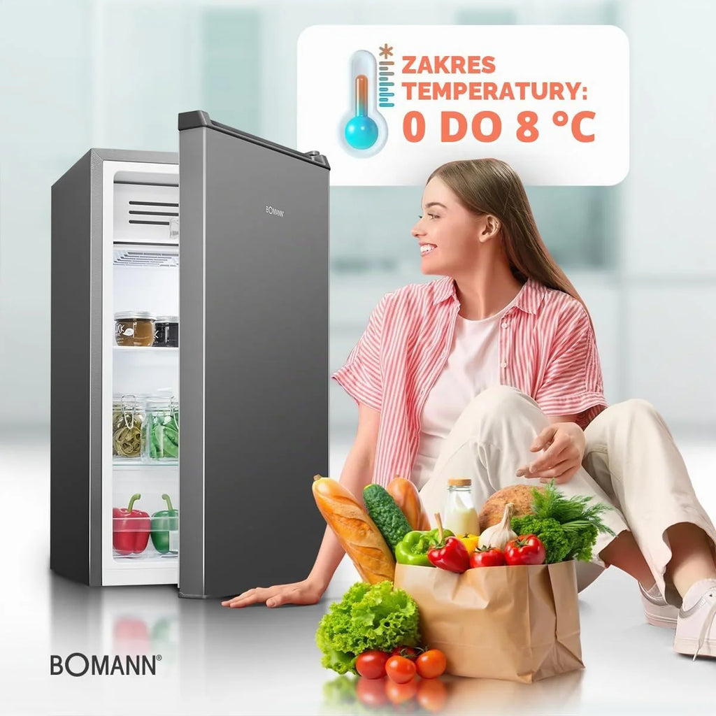 Lodówka Bomann® z zamrażalnikiem, 83 litry, Energooszczędna, cicha i kompaktowa, 0°C - 8°C, płynna regulacja temperatury, 2 półki i szuflada na warzywa, Oświetlenie LED