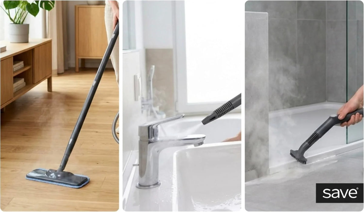 SAVE Myjka parowa 2000 W 2 w 1 z ręczną myjką parową, 4 bary, zbiornik na wodę 1,5 l, gorąca para 135°C, 13-częściowy zestaw akcesoriów do podłóg, płytek, okien, łazienki i kuchni