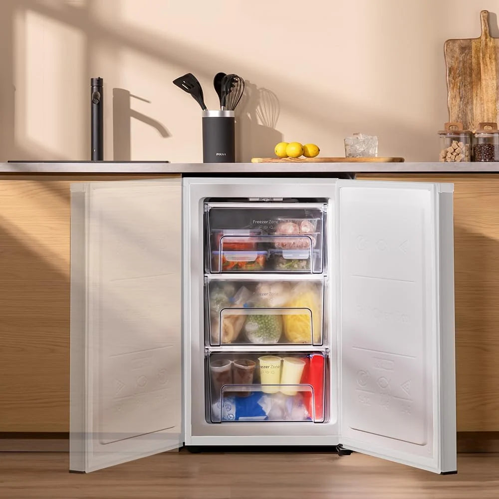 Cecotec Zamrażarka pionowa 87 L Bolero CoolMarket TF 87 White. 83,6 cm wysokości i 50,6 cm szerokości, niskie zużycie energii, płaskie i dwustronne drzwi, kompaktowa konstrukcja, biała