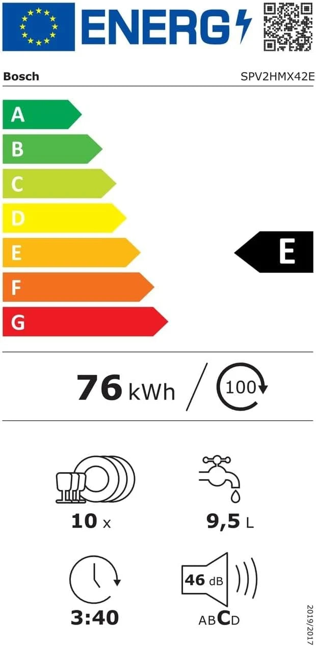 Bosch SPV2HMX42E, seria 2, inteligentna zmywarka do naczyń, w pełni zintegrowana, szerokość 45 cm, szuflada na sztućce, dodatkowe suszenie za naciśnięciem przycisku, górny kosz z regulacją wysokości,