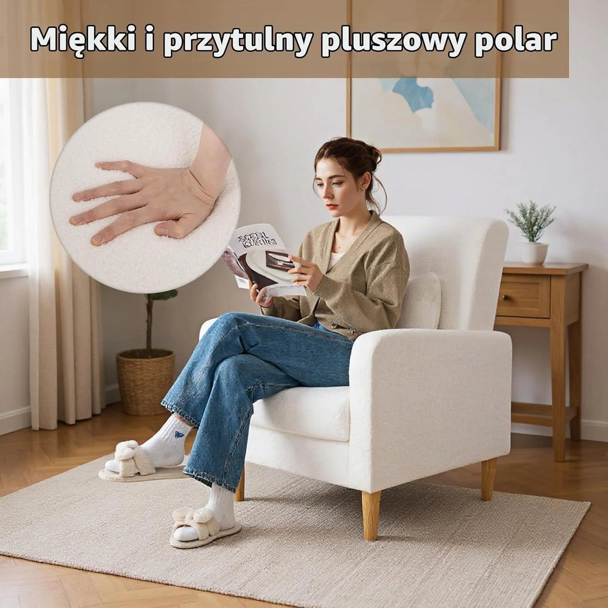 COSTWAY Fotel wypoczynkowy, pluszowy fotel z poduszkami lędźwiowymi i drewnianymi nogami, wyściełana pojedyncza sofa z oparciem i podłokietnikami, fotel z uszami do salonu i sypialni, obciążenie do