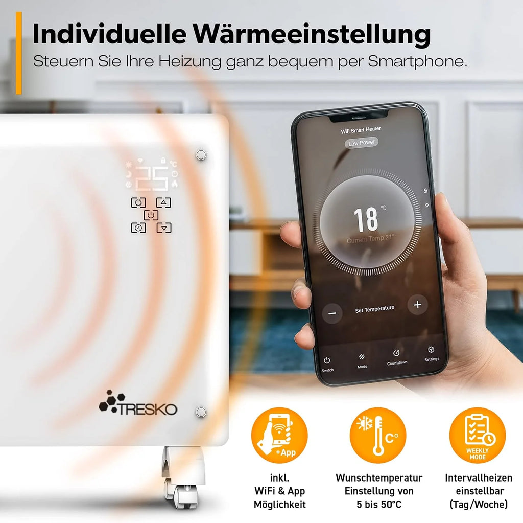 TRESKO® Szklany konwektor 2000 W, aplikacja WiFi, ogrzewanie elektryczne, ogrzewanie szklane, grzejnik konwektorowy, grzejnik LED i timer, grzejnik elektryczny, ogrzewanie stojące lub ścienne