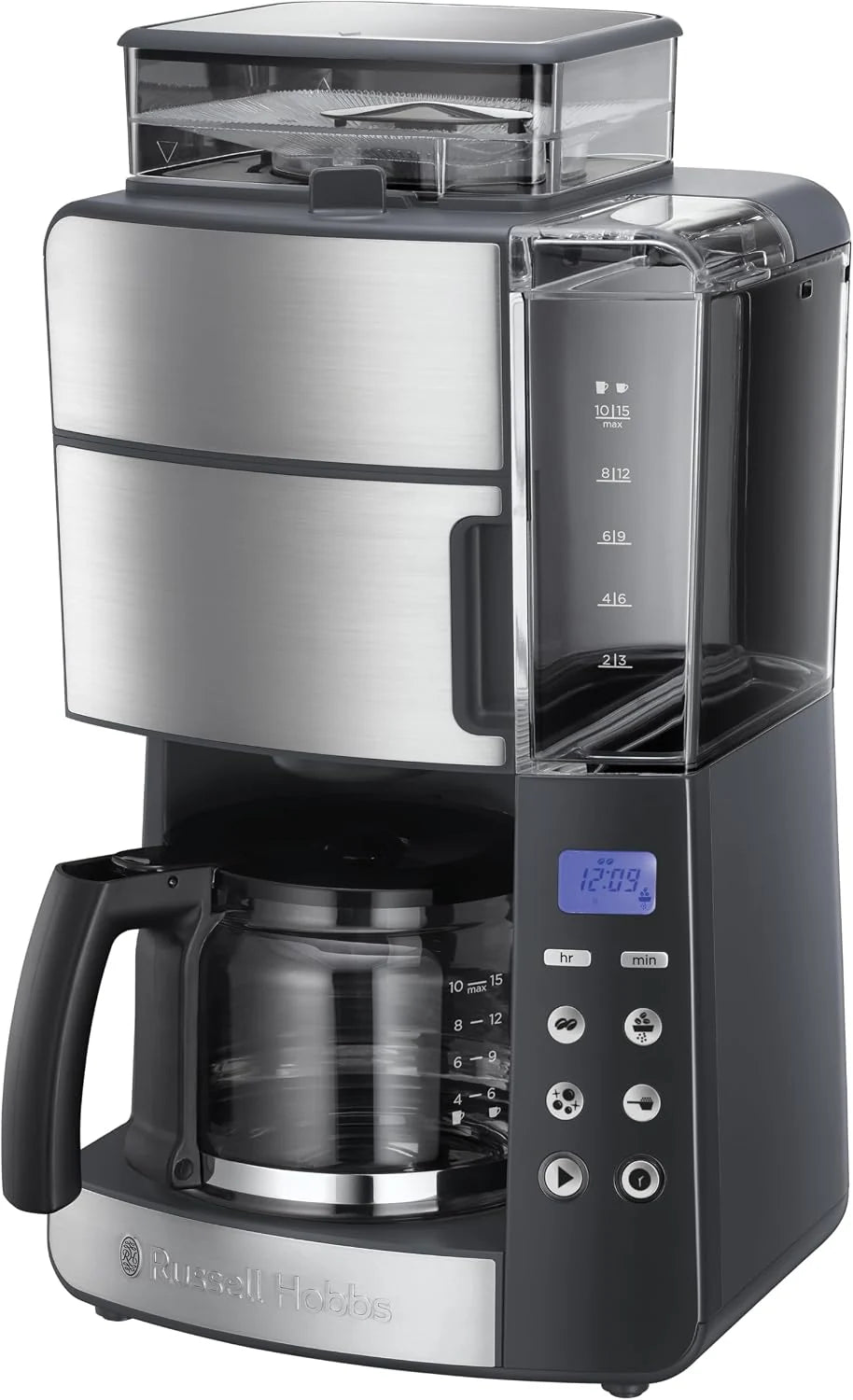 Russell Hobbs ekspres do kawy, wbudowany młynek, regulacja mocy zaparzenia kawy, programowalny timer, podtrzymywanie temperatury, pojemność 1,25l, moc 1000W, srebrny, Grind&Brew 25610-56
