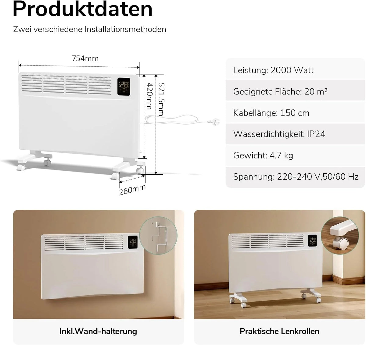 EMKE Ogrzewanie elektryczne, energooszczędne, 2000 W, inteligentne ogrzewanie konwektorowe, elektryczne sterowanie Wi-Fi i aplikacją, grzejnik elektryczny, urządzenie stojące lub montaż ścienny, białe
