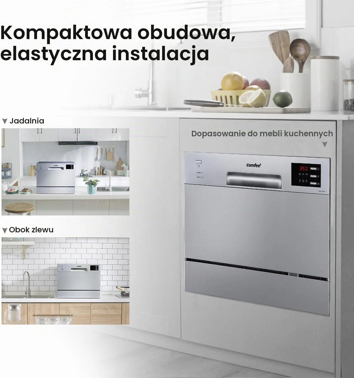 COMFEE' Kompaktowa zmywarka stołowa TD602E-S mini zmywarka z 6 pokrywkami, 6 programami, wyświetlaczem LED, opóźnionym startem i funkcją mycia w godzinach poza końcówką - srebrna