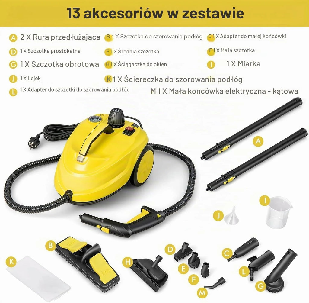 FANTASK Myjka parowa 2000 W z 13 akcesoriami, ciśnienie pary: maks. 5 bar, temperatura: do 160℃, wydajność powierzchniowa: 108 m², zbiornik: 1,8 l
