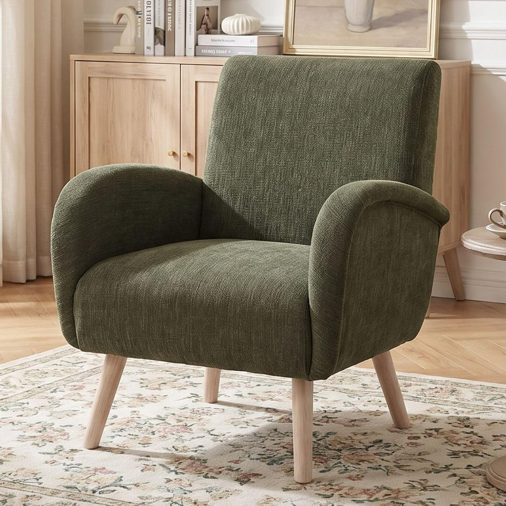 chairus Chenille fotel wypoczynkowy, fotel z uszami do salonu, tapicerowany, pojedyncza sofa do sypialni, fotel akcentujący, fotel relaksacyjny z drewnianymi nogami (zielony)