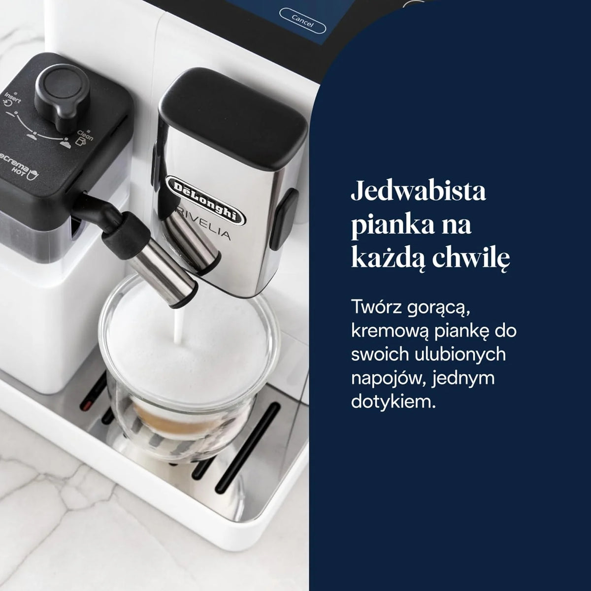 De'Longhi Rivelia EXAM440.55.W, superautomatyczny ekspres do kawy z LatteCrema Hot, automatyczny spieniacz do mleka, kompaktowy rozmiar, 16 przepisów, kolorowy ekran dotykowy, arktyczna biel