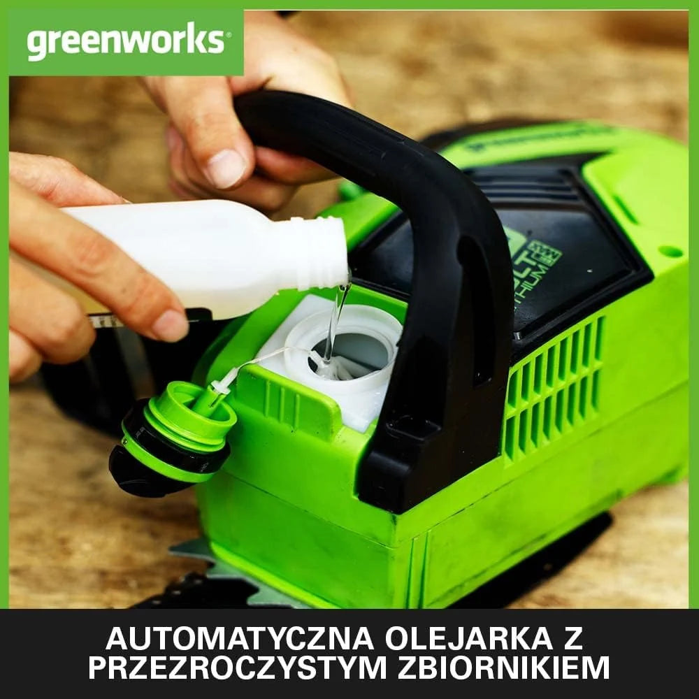 Greenworks GD40CS18K2X Akumulatorowa pilarka łańcuchowa z silnikiem bezszczotkowym, długość ostrza 40 cm, szybkość 20 m na s, 3,8 kg, olejarka, ochrona przed odrzutem, 2 baterie 40 V 2 Ah i ładowarka