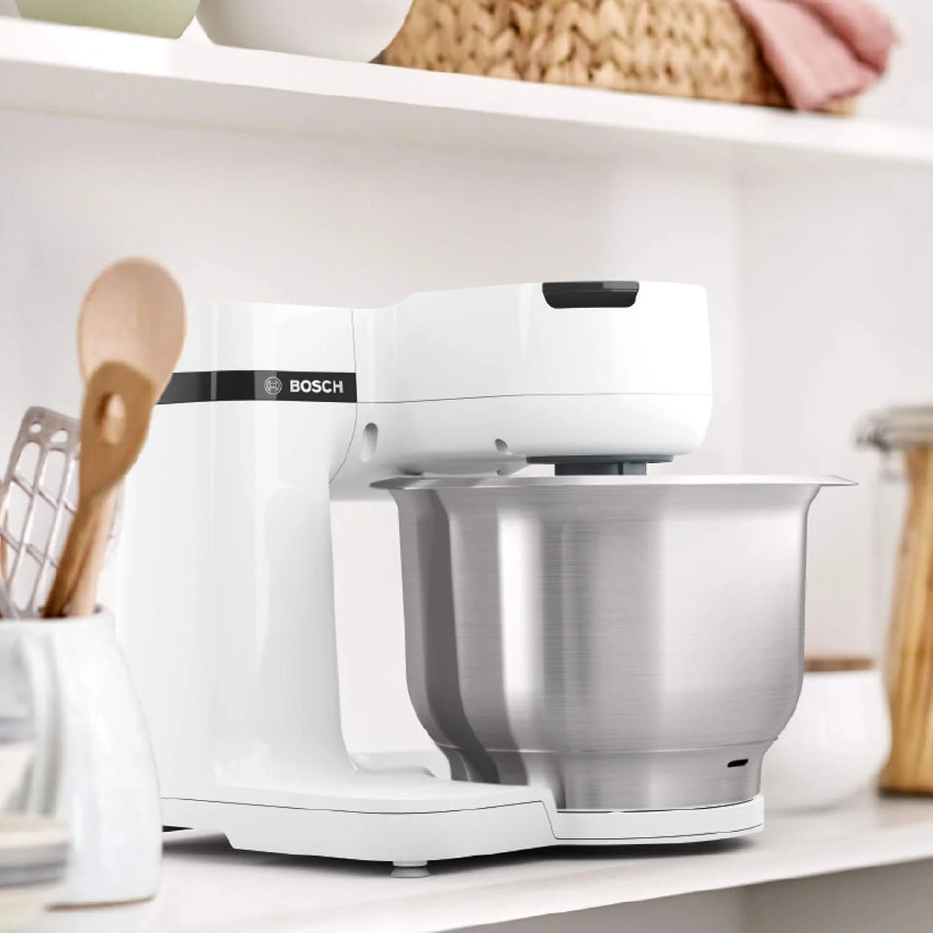Bosch MUM2 wielofunkcyjny robot kuchenny, 700 W, maszynka do ubijania i wyrabiania ciast, mikser planetarny, hak do ciasta, duża misa ze stali nierdzewnej 3,8l z pokrywą, kolor biały, MUMS2EW00
