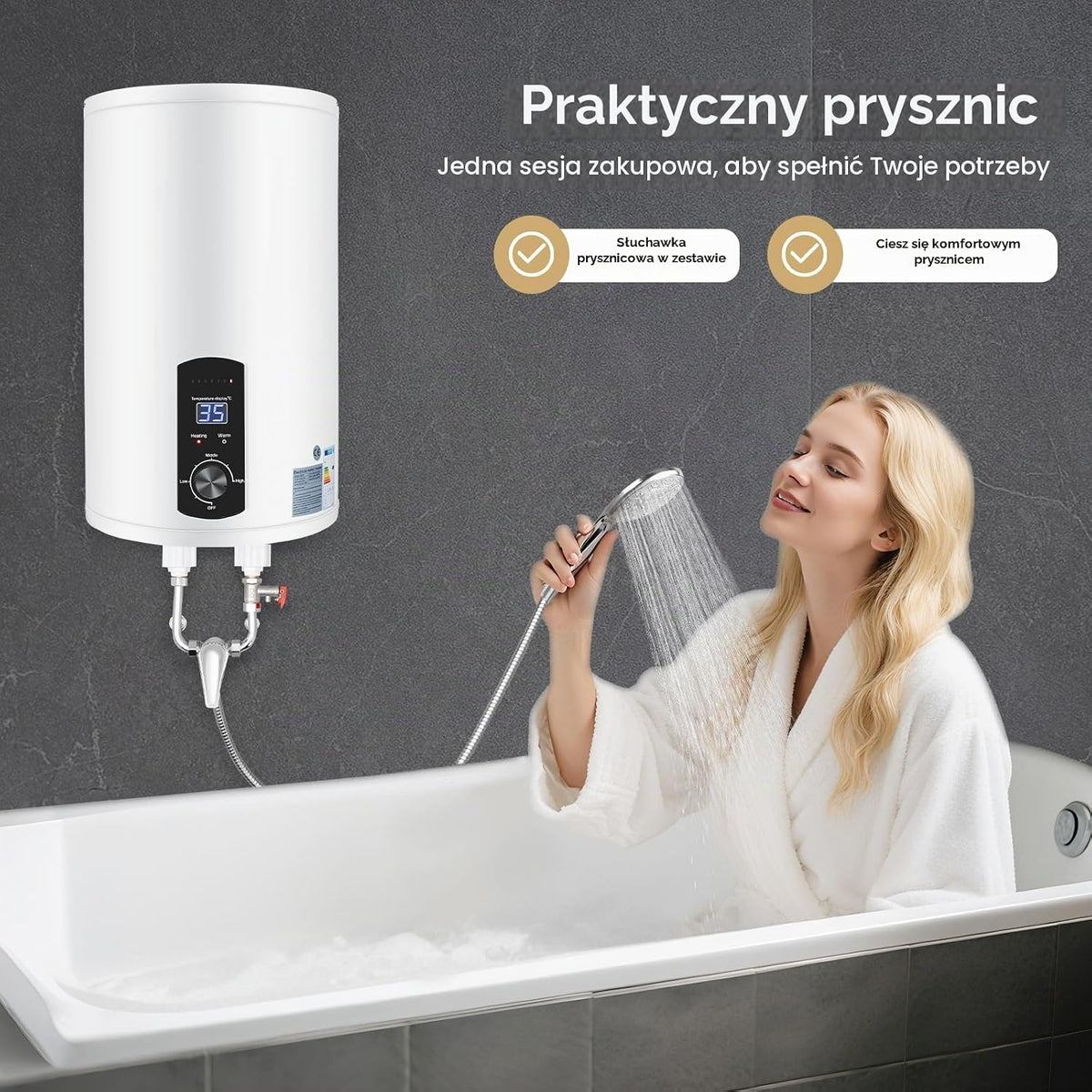 Elektryczny zbiornik ciepłej wody 2 kW, wiszący elektryczny zbiornik ciepłej wody, bojler, podgrzewacz wody, bojler do prysznica (50 l)