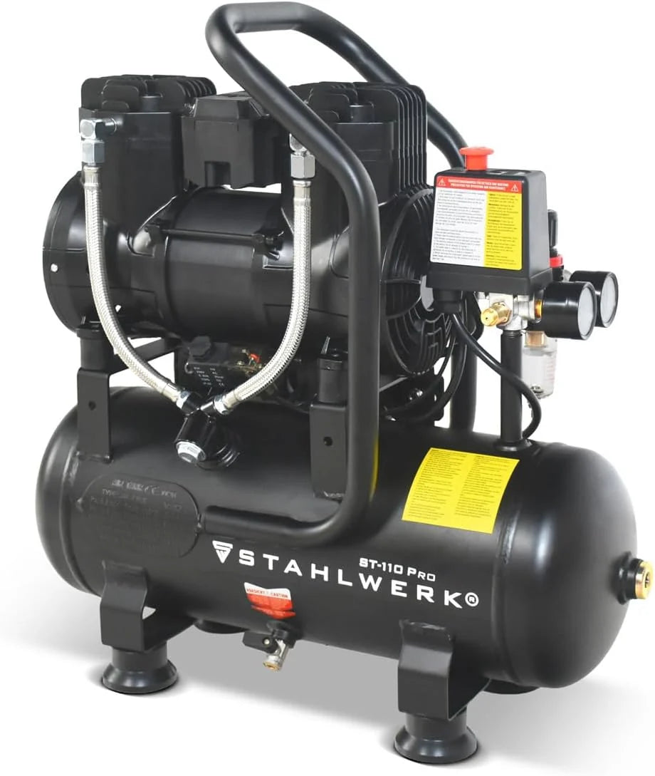 STAHLWERK ST-110 Pro kompresor 10 l, bezolejowy i cichy, 8 bar, sprężarka sprężonego powietrza z silnikami bezszczotkowymi, 1,97 KM, 1,45 kW, 250 l/min, cicha sprężarka, kompresor tłokowy, sprężarka