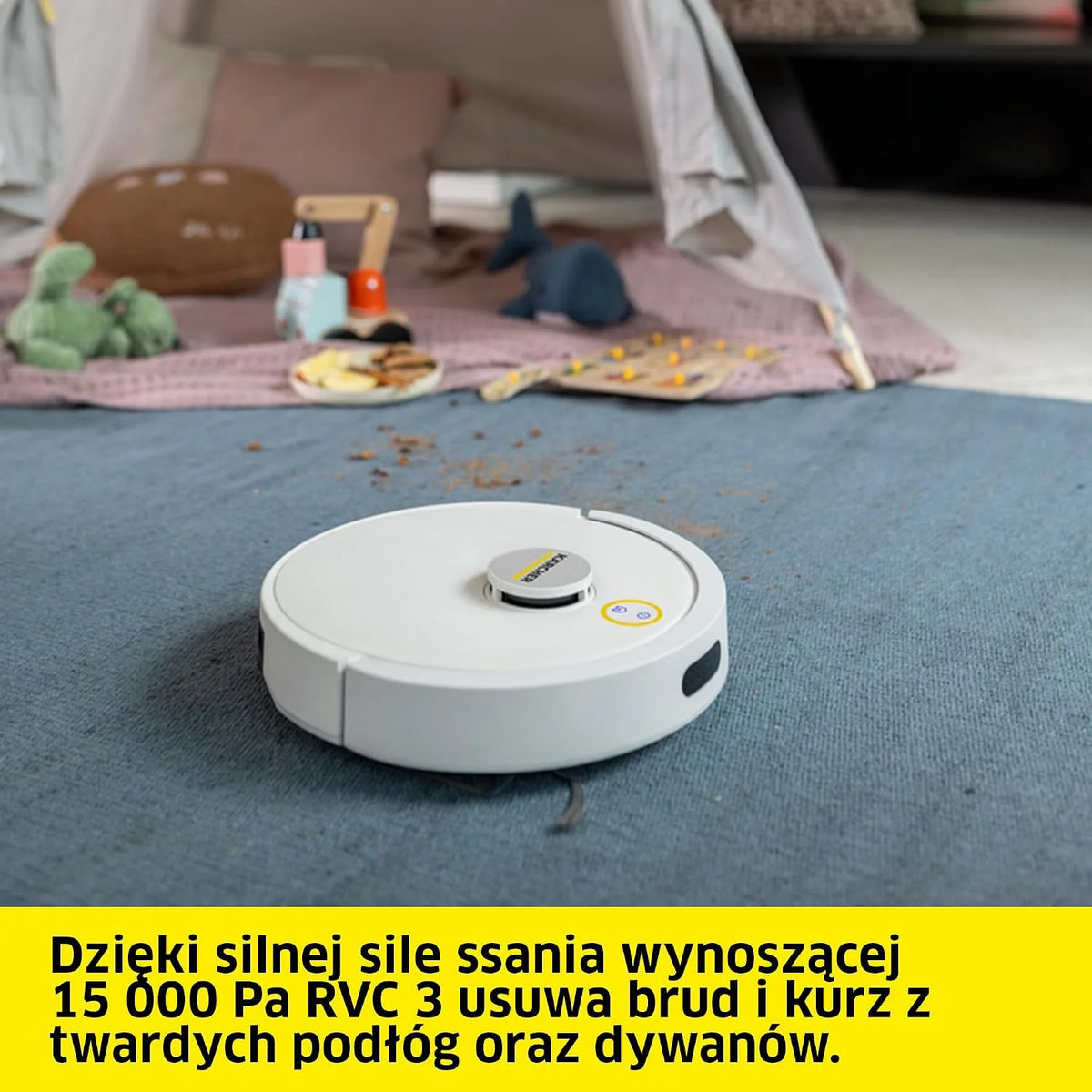 Kärcher robot sprzątający RVC 3, 15 000 Pa, do 130 min pracy, sterowanie przez aplikację, mapowanie, nawigacja laserowa, czujniki upadku, automatyczne ładowanie, do twardych podłóg i dywanów